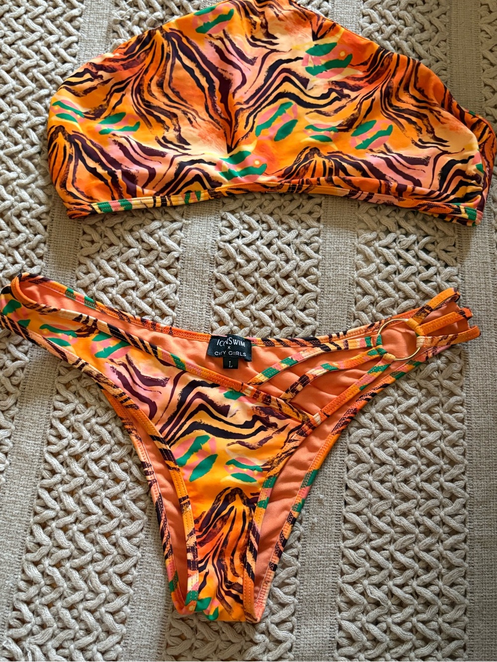 Orange Animal Print Bikini Set with Green Accents